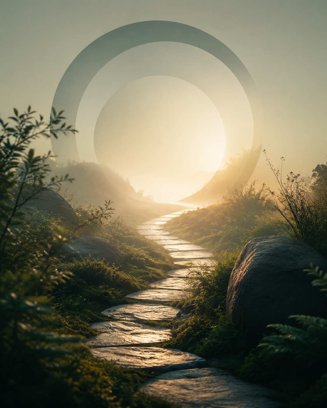 A sunlit path through a calm green landscape